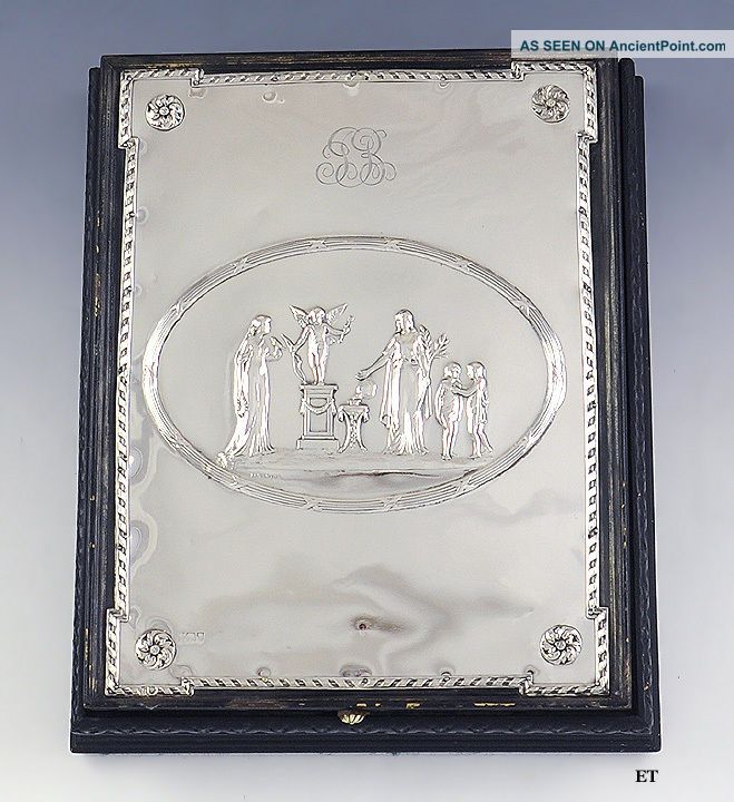 1906 English Sterling Silver & Wood Dresser/jewelry Box W/cupid Scene & Mirror Boxes photo