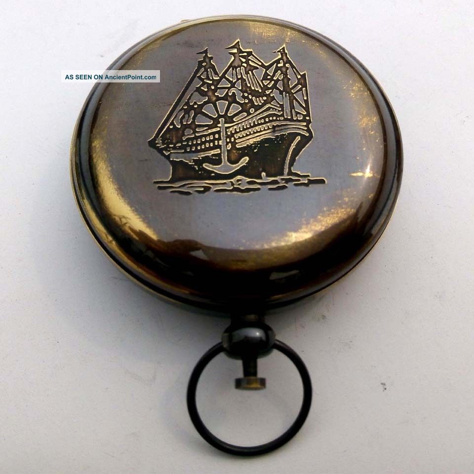 Antique Brass Push Button Magnetic Pocket Compass @ Maritime Direction Compass Compasses photo