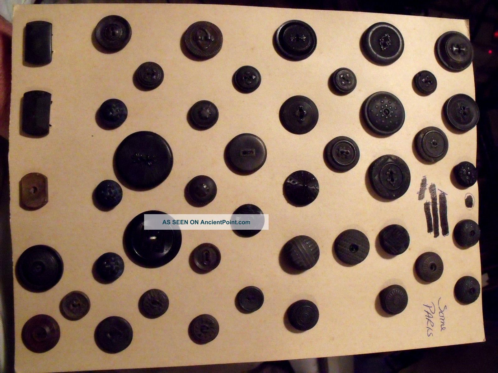 (45) Victorian Mourning Buttons On Card Black Composition Gutta Percha Rubber Buttons photo