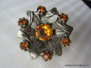 2317 – Lovely Antique Metal Realistic Flower Button W 7 Faceted Amber Jewels photo