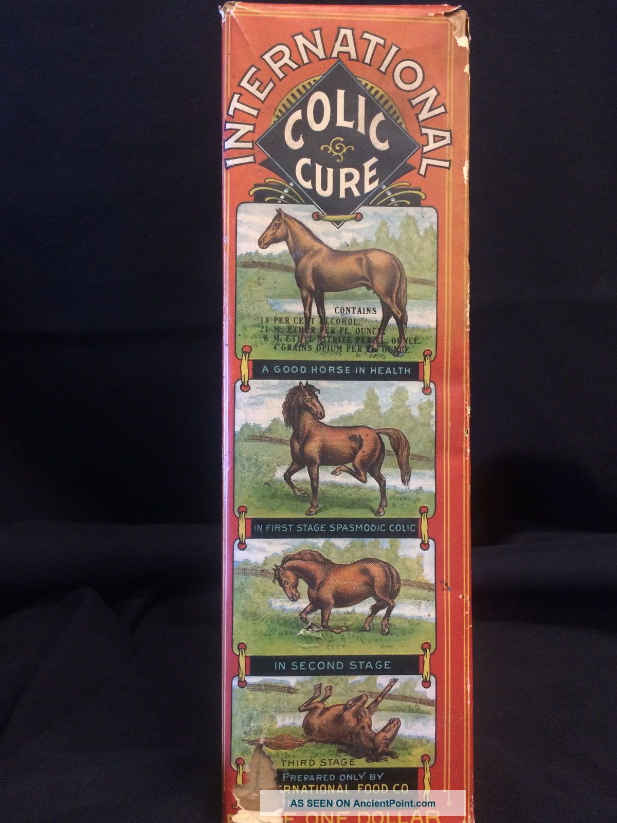 Antique International Food Co.  Colic Cure For Horses Apothecary Box Bottles & Jars photo