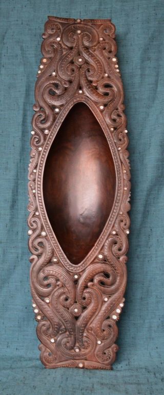 Large Old Trobriand Islands Dark Wood Hand Carved Tray With Mother Of Pearl photo