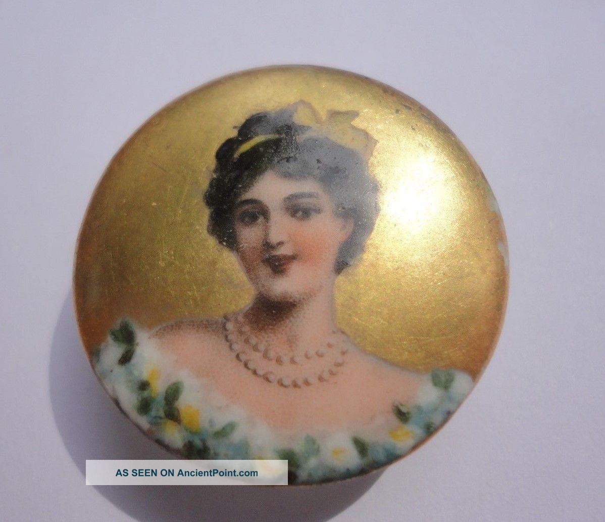 Antique Handpainted & Transfer Porcelain Stud Button Lovely Lady Portrait B Buttons photo