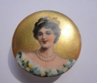 Antique Handpainted & Transfer Porcelain Stud Button Lovely Lady Portrait B photo