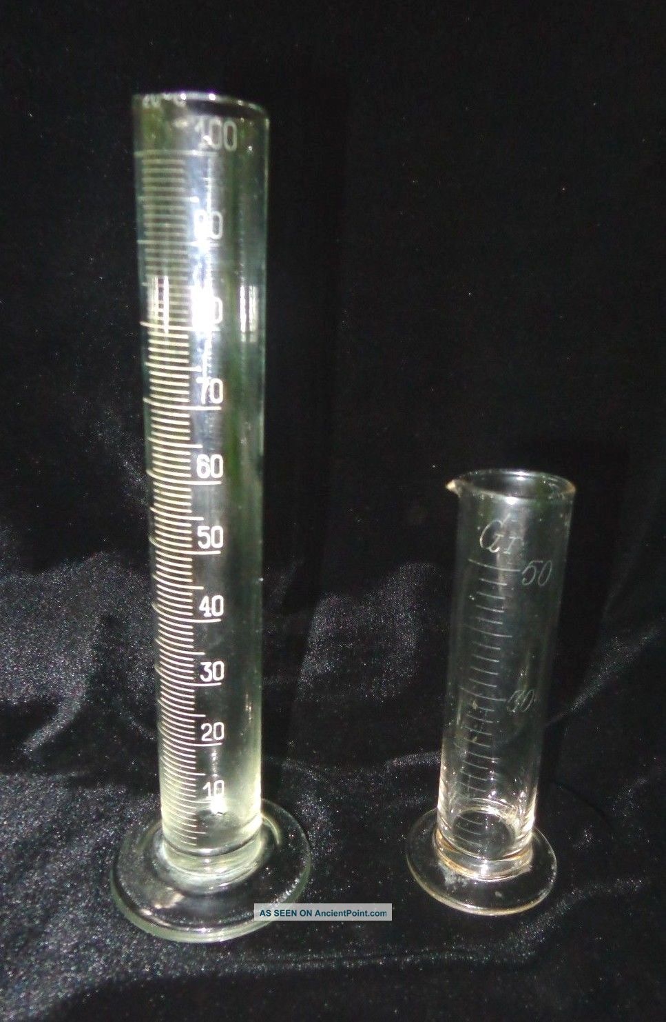 Circa 1900 (2) Clear Glass Footed Cylindrical.  Graduated Beakers / Apothecary Bottles & Jars photo
