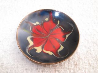 Vtg Mid Century Modern Enamel On Copper Small Dish Tray Red Flower Poinsettia photo