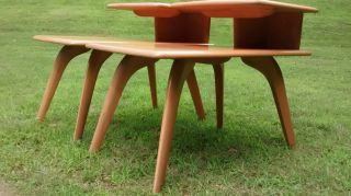 Pair Mid Century Heywood Wakefield 308 Champagne Tiered Saber Leg End Tables photo