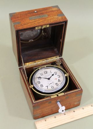 Antique Ship Captain ' S Waltham 8 Day Chronometer Clock & Mahogany Case photo