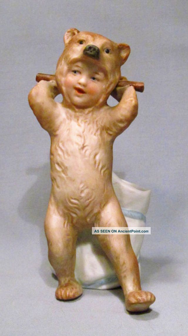 Antique Rare Heubach Bisque Boy In Brown Bear Suit Matchstick Toothpick Holder Figurines photo