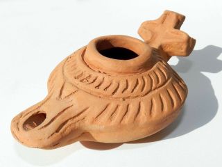 Oil Lamp Holy Land Ancient Antique Roman Herodian Clay Pottery Terracota W Cross photo