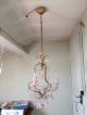 Antique Rare French Chandelier Beads Pink Opaline Drop Gilded 3 Lights 1920 Chandeliers, Fixtures, Sconces photo 10
