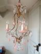 Antique Rare French Chandelier Beads Pink Opaline Drop Gilded 3 Lights 1920 Chandeliers, Fixtures, Sconces photo 1