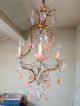 Antique Rare French Chandelier Beads Pink Opaline Drop Gilded 3 Lights 1920 Chandeliers, Fixtures, Sconces photo 2