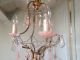 Antique Rare French Chandelier Beads Pink Opaline Drop Gilded 3 Lights 1920 Chandeliers, Fixtures, Sconces photo 5