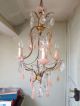 Antique Rare French Chandelier Beads Pink Opaline Drop Gilded 3 Lights 1920 Chandeliers, Fixtures, Sconces photo 8