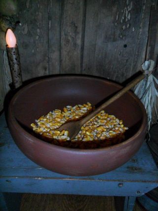 Primitive Large Wooden Bowl,  Dried Corn,  Old Wood Spoon,  Early Farmhouse Look photo