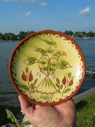 1947 Antique - Primitive Pennsylvania Folk Art Red Ware Pottery Plate Signed photo