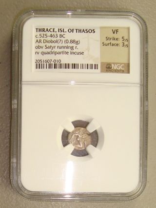 525 - 463 Bc Thrace,  Thasos Satyr Ancient Greek Silver Diobol Ngc Vf 5/5 3/5 photo