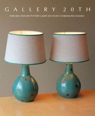 Stunning Mid Century Modern Atomic Table Pottery Lamps Eames Vtg Green 50s Pair photo