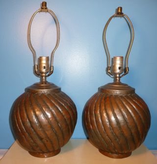 Pair: Antique Mission Arts & Crafts Vintage Copper Round Table Lamps,  Rewired photo