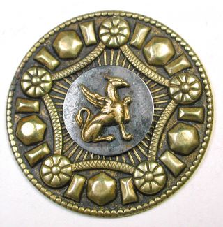 Antique Button Brass Griffin On Steel Disc W/ Fancy Brass Floral Border photo