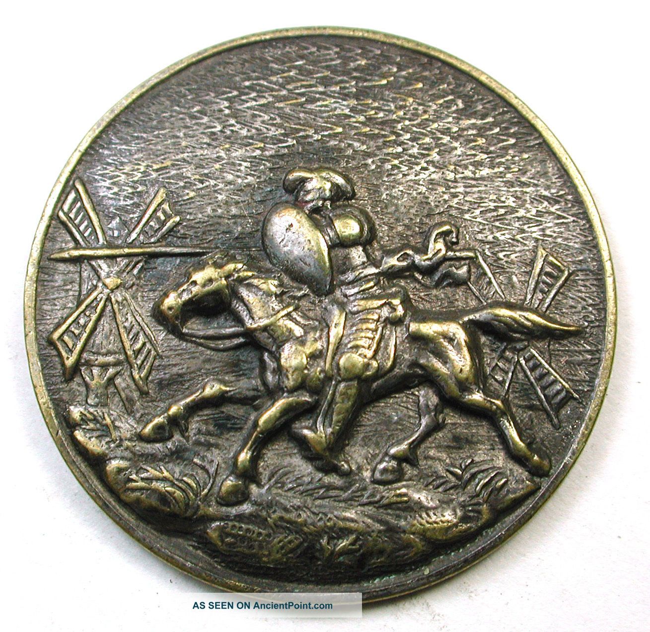 Antique Stamped Brass Button Don Quixote Tilting At Windmills Design Buttons photo