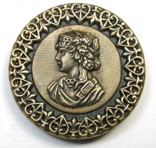 Antique Brass Button Detailed Pictorial Of Classical Woman W/ Heart Border photo