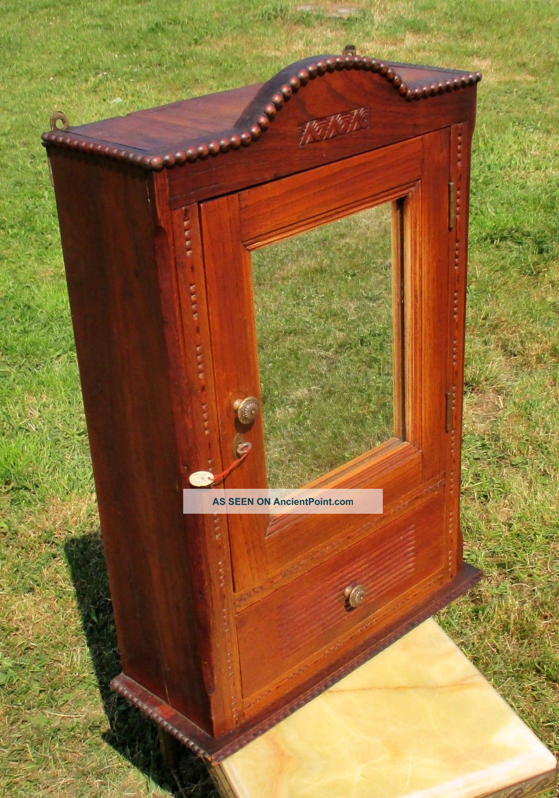 Antique Carved Wood Medicine Bathroom Wall Cabinet Mirror Apothecary Hobnails 1800-1899 photo