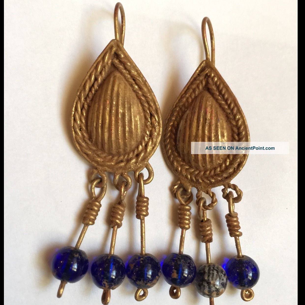 Ancient Antique Roman Earring Engraved Roman Gold Plated Bronze Rare Metalware photo