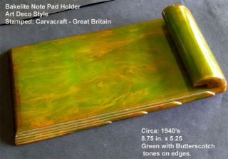 Vintage Art Deco Carvacraft Phenolic Bakelite Note Pad Holder Green photo