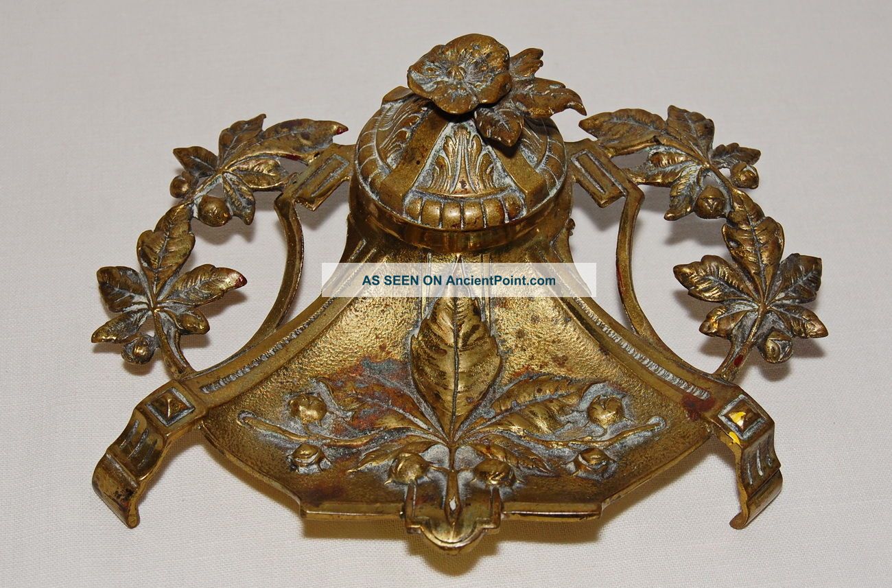 Art Nouveau Cast Brass Embossed Chestnut Leaf & Husk Inkwell Glass Liner 1890s Art Nouveau photo