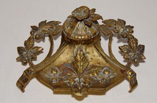 Art Nouveau Cast Brass Embossed Chestnut Leaf & Husk Inkwell Glass Liner 1890s photo