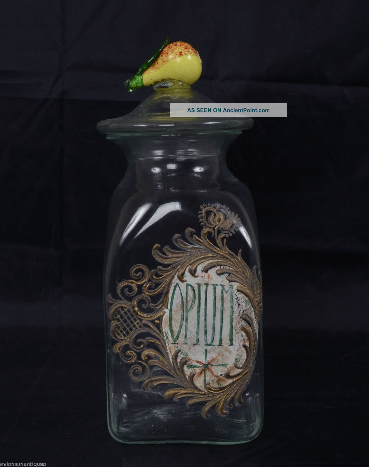 Antique Square Shaped Blown & Molded Opium Apothecary Jar Enamel Cartouche Bottles & Jars photo
