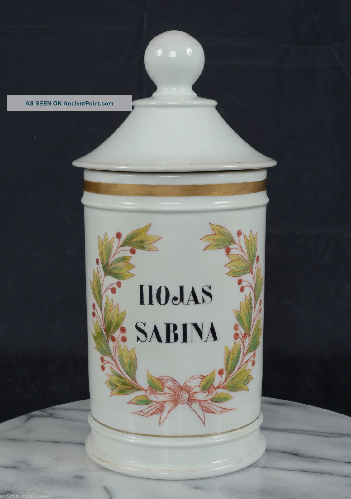 19th Century Apothecary Jar Hojas Sabina Paris White Porcelain French Bottles & Jars photo