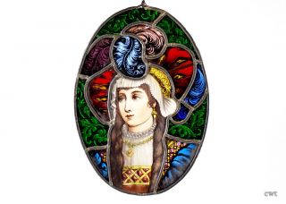 Dazzling Stained Glass Window Hanging Hand Painted Medieval Woman 1880 - 1920 photo