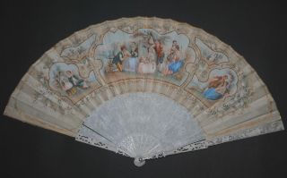 Rare Antique French Carved Sticks Hand Painted Scene Silk Fan Circa 1800 photo