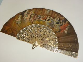 Antique French Spanish Carved Mother Pearl Gold Silver Inlay Hand Painted Fan photo