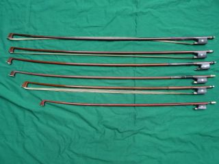 Old Antique Violin Bows - 6 - One W/silver 4/4 3/4 1/2 For Repair Or Restoration photo