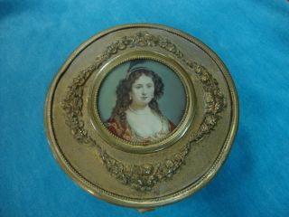 Bronze Box,  Round,  W/ Portrait Of Woman By Frapie,  Antique,  French,  Ormolu,  1800s photo