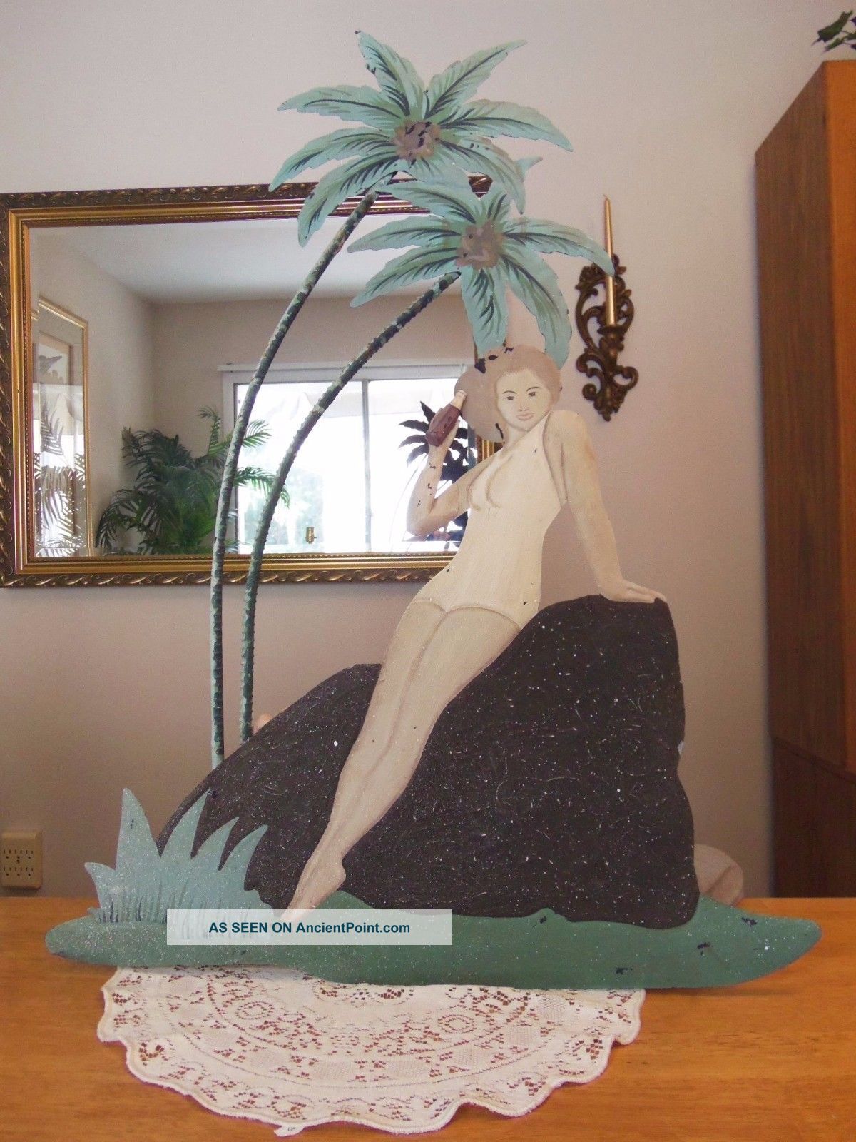 Vtg Lg Rustic Wrought Iron Metal Wall Plaque Palm Tree Bar Pool Man Cave Palecek Metalware photo