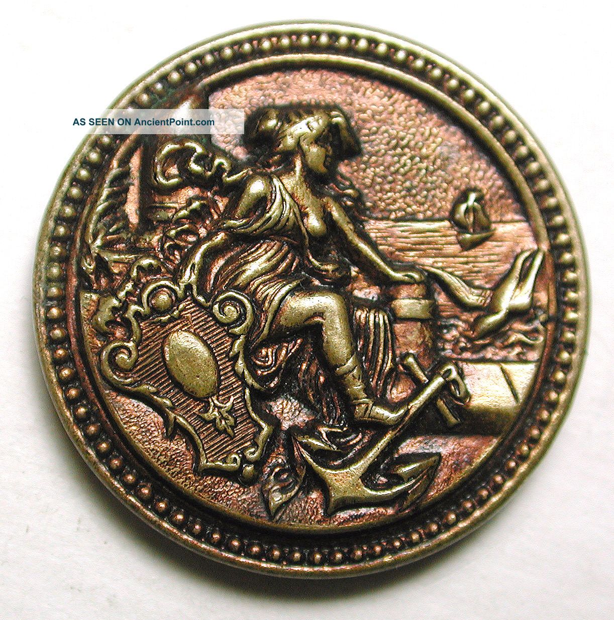 Antique Brass Button Woman On Docks W/ Anchor Bird & Ship Buttons photo