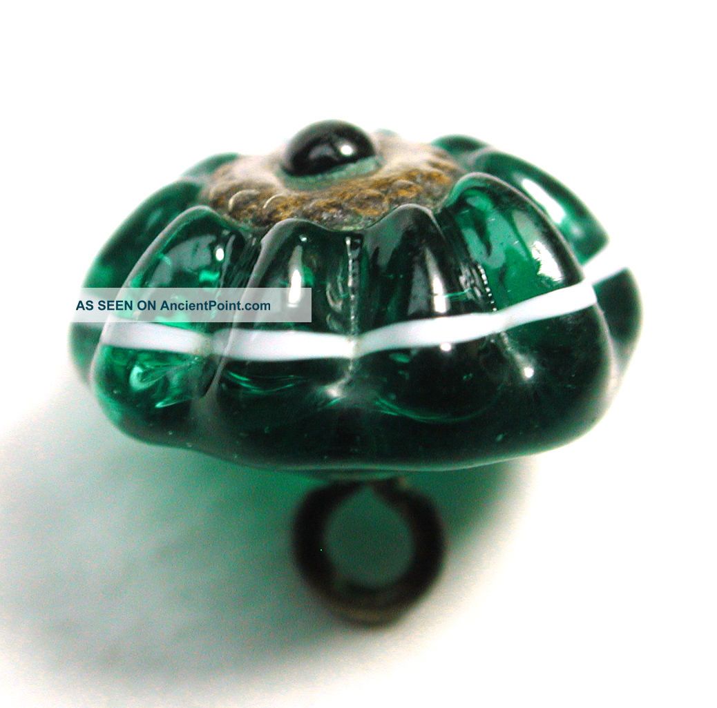 Antique Charmstring Button Green W Ome Brass Ring & White Band Accent Sw Bk Buttons photo