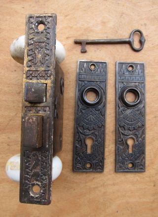 Victorian Eastlake Mortise Entry Door Lock/ Key/knobs,  Plates photo