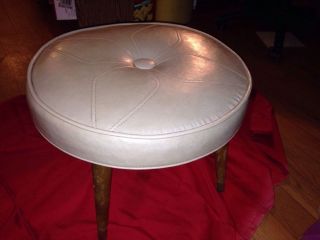 Vintage Round Ottoman / Foot Stool - - With Wood Legs - - Beige Color photo