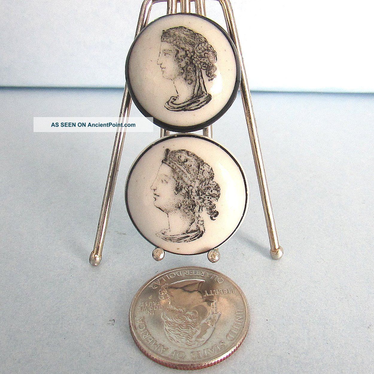 2 Victorian Antique Liverpool Transfer Print Glazed Porcelain Button Lady Head Buttons photo