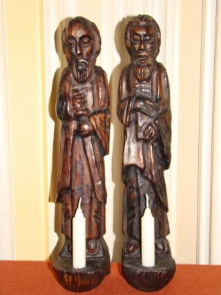 Vintage Hand Carved Wooden Old Men Candle Holders Figurines - Statues photo