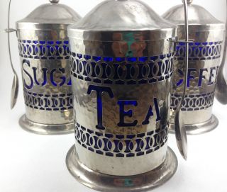 Sheffield England Silver Plate Coffee Tea Sugar Canisters Cobalt Blue & Spoons photo