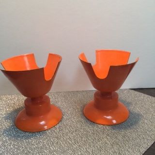 Vintage 60 ' S Mid Century Modern Orange Metal Candle Holder Pair Eames Era Vtg photo