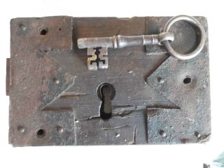 Antique Wood And Metal Door Lock And Key photo