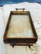Antique 1890s French Victorian Filagree Brass Glass Vanity Ring Tray Lace Insert Victorian photo 1